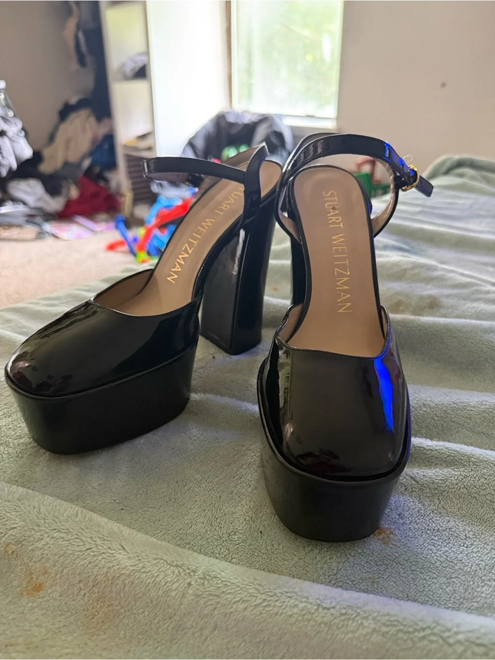 Stuart Weitzman Glossy Black Patent Platform Slingbacks